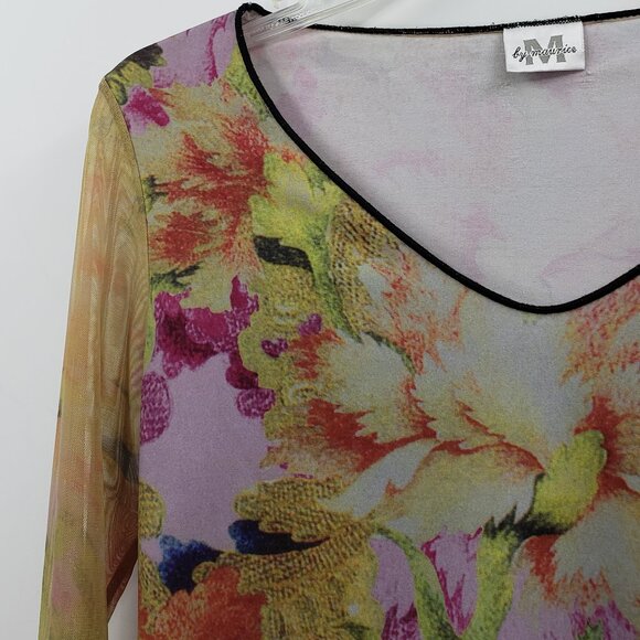 Vtg Y2K Maurices Mesh Sleeve Top Size S Digital Floral Print Ruffles Fairycore - Picture 4 of 9